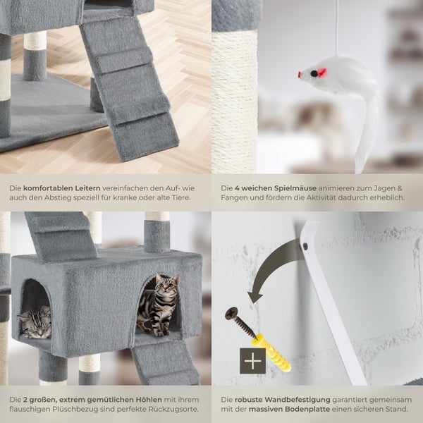 Detailansichten eines grauen Katzenkratzbaums mit Leitern, Spielmäusen, Höhlen und Wandbefestigung.