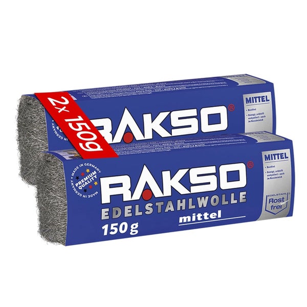 Rakso Edelstahlwolle mittel, zwei Packungen zu je 150 Gramm, rostfreier Edelstahl zum Reinigen und Polieren.