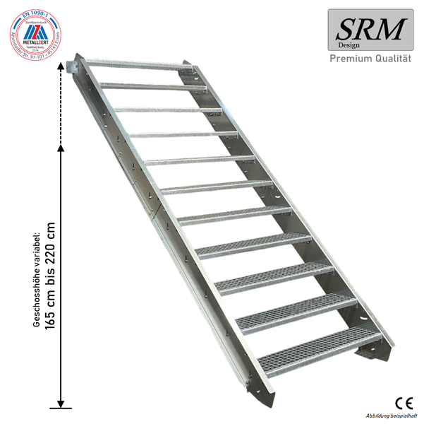 Außentreppe aus verzinktem Stahl mit 12 Gitterroststufen, variable Geschosshöhe 165 bis 220 cm. SRM Design Logo, EN 1090-1 Siegel, CE Zeichen.