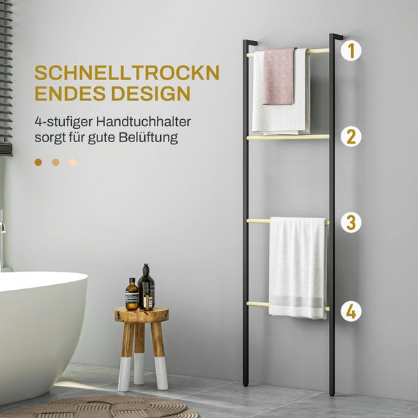 Schwarzer 4-stufiger Handtuchhalter aus Metall und Holz lehnt an einer Wand in einem modernen Badezimmer neben einer Badewanne.