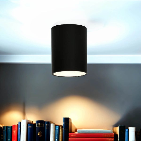 Schwarze Deckenleuchte über Bücherregal für eine helle und organisierte Atmosphäre