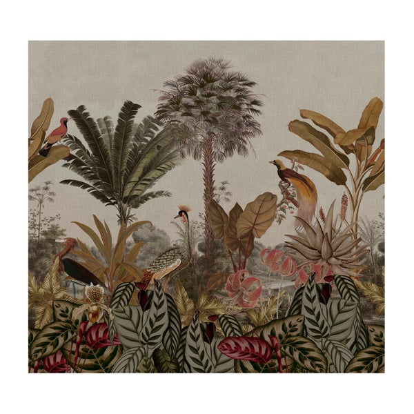 Vliestapete mit tropischem Dschungel Motiv inklusive exotischer Vögel und Palmen im Vintage Stil als Wanddekoration.