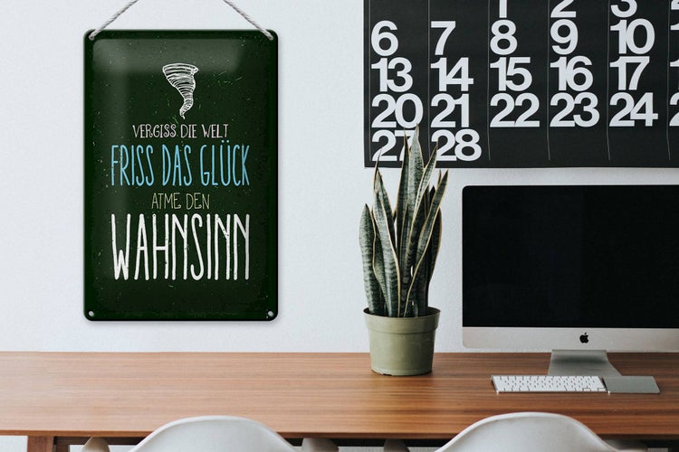 Blechschild Spruch Glück vergiss Welt atme Wahnsinn 20x30cm