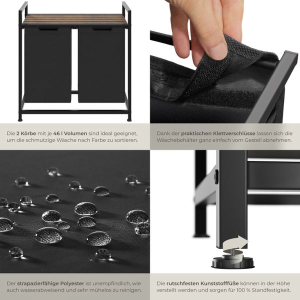 Wäschekorb mit zwei Fächern, Holzplatte und verstellbaren Füßen