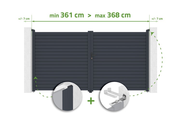 Zweiflügeliges Einfahrtstor mit horizontalen Lamellen, verstellbare Breite von 361 bis 368 Zentimeter, inklusive Montagezubehör.