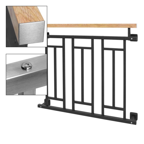 ECD Germany Französischer Balkon 90x100 cm mit 3 Füllelementen, Anthrazit matt, Holzoptik, verzinkter Stahl, Balkongeländer Stabgeländer Balkonbrüstung Balkongitter Fenstergeländer Außen Fenstergitter