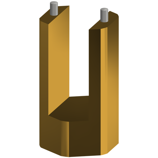 U-förmiges Kontaktstück aus Metall mit zwei Stiften an der Oberseite.