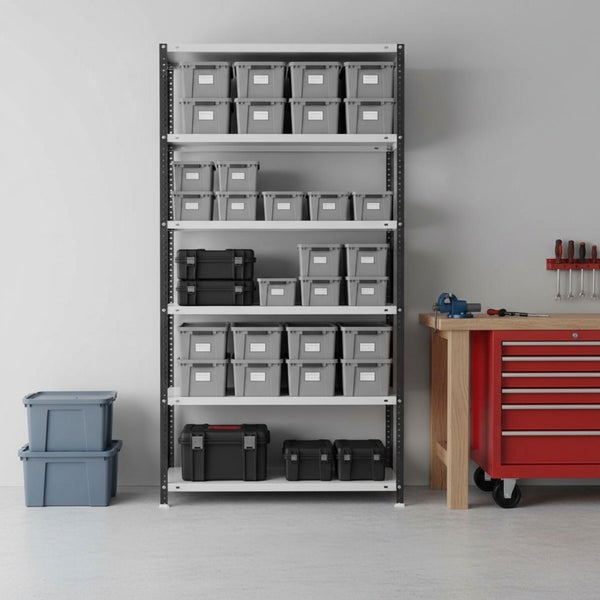 Ein Metall-Schwerlastregal mit grauen Lagerboxen und schwarzen Koffern in einer Werkstatt neben einer Holz-Werkbank und einem roten Werkzeugwagen.