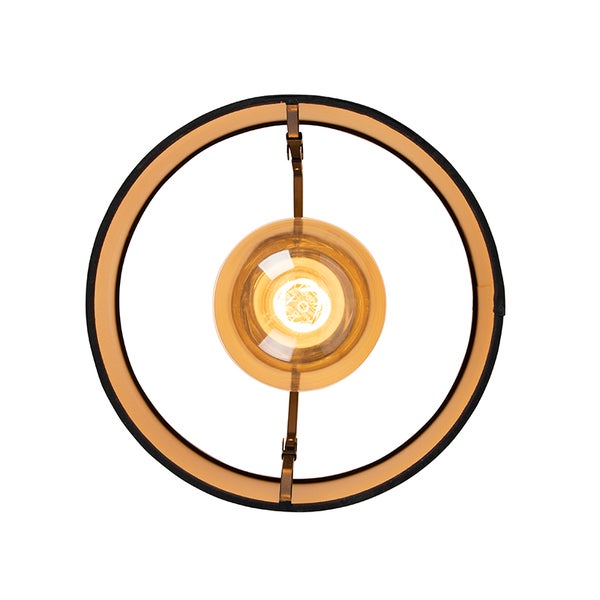 Runde Deckenleuchte von unten betrachtet mit schwarzem Schirm, goldener Innenseite und brennendem Leuchtmittel in der Mitte.