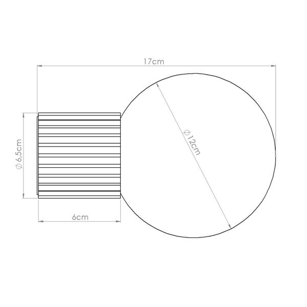 Technische Zeichnung Wandleuchte: Gesamtlänge 17 Zentimeter, Kugeldurchmesser 12 Zentimeter, Sockeldurchmesser 6,5 Zentimeter.