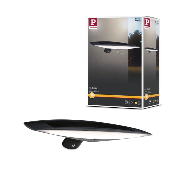 Hybrid-Solar-Wandleuchte mit kombiniertem 230 Volt- und Solarbetrieb, Bewegungssensor und automatischem Backup bei leerem Akku.