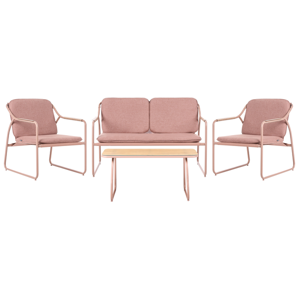 Gartenmöbel Set bestehend aus einem Zweisitzer Sofa, zwei Sesseln und einem niedrigen Tisch mit Metallrahmen und Polstern.