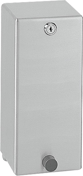 Wand-Seifenspender aus Edelstahl, rechteckig, mit Schloss und Druckknopf.