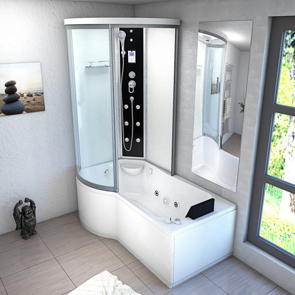 Technische Zeichnung mit Installationsmaßen für eine Badewanne mit Elektro- und Wasseranschlüssen in einer Badezimmerecke.