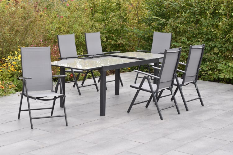 Amalfi Gartenmöbelset 7tlg., 6 Klappsessel, Semi Ausziehtisch 200 (300) x 110 cm, graphit/grau