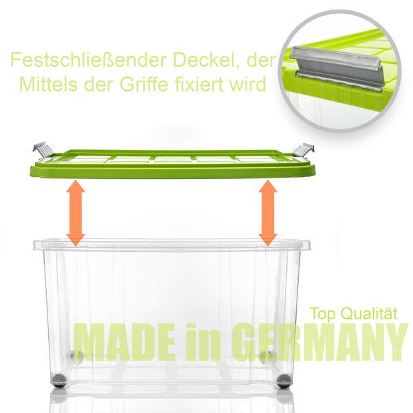 BigDean 4 Stück 60 L Aufbewahrungsbox mit Deckel groß limegrün - stapelbare robuste Box BPA-frei - rollbare Stapelbox mit festen Klickverschlüssen - Made in Germany