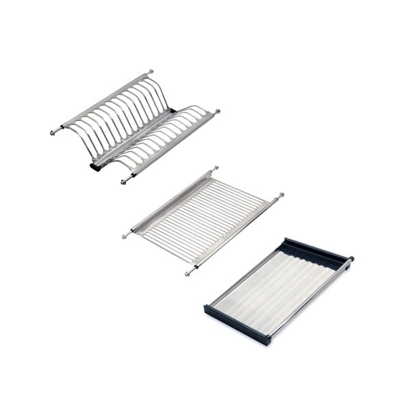 Dreiteiliges Abtropfset aus Edelstahl bestehend aus Tellerhalter, Tassenablage und Abtropfschale.
