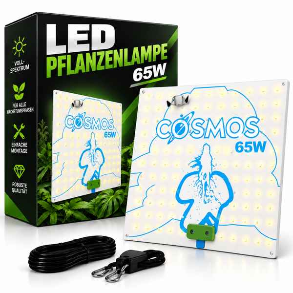LED Pflanzenlampe Cosmos 65 Watt Vollspektrum mit Zubehör zur Aufhängung und Verpackungskarton