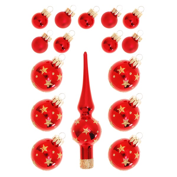 Rot Mini-Dekoset aus Glas, 2cm, 3cm Kugeln, 12cm Spitze, handdekoriert, 16 Stck., Weihnachtsbaumkugeln, Christbaumschmuck, Weihnachtsbaumanhänger