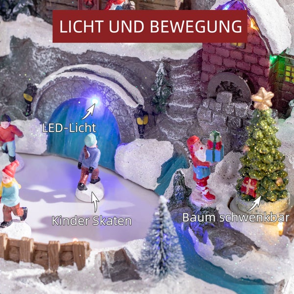 HOMCOM Weihnachtsdorf Tischdeko mit LED-Leuchtung Weihnachtsdeko Schlittschuhbahn Motiv mit beweglichen Kinder Weihnachten Village Winterlandschaft 32 x 25,5 x 24 cm