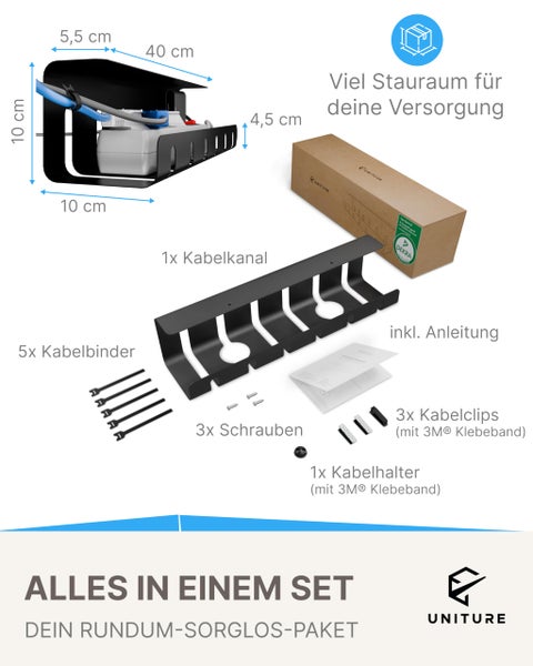 UNITURE Logo, Kabelmanagement-Set mit Kabelkanal 40 Zentimeter, Kabelbindern, Schrauben, Anleitung, Kabelclips, Kabelhalter. Sicherheit geprüft.