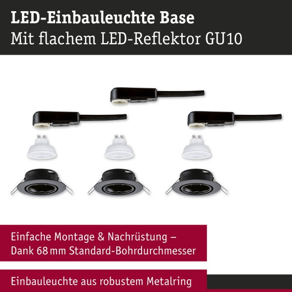 Dreier-Set LED-Einbauleuchten Base mit flachem GU10 Reflektor, schwarzem Metallring und Anschlussbox für 68 Millimeter Bohrdurchmesser.