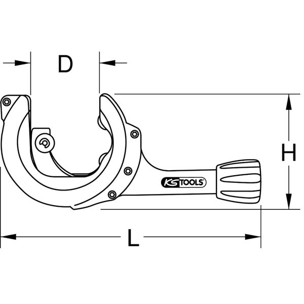 Technische Zeichnung eines KS Tools Rohrabschneiders mit Maßangaben für Länge L, Höhe H und Durchmesser D sowie KS Tools Logo.