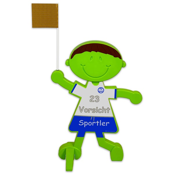 UvV 3D Warnschild Spielende Kinder als Sportler, reflektierendes Trikot mit Wunschtext / blau & weiß