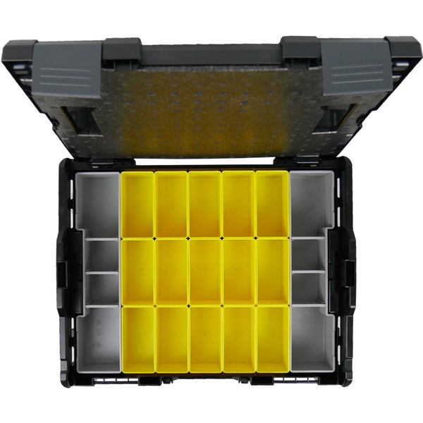 Offene Werkzeugkiste mit herausnehmbaren Einsätzen zur Aufbewahrung von Werkzeugen und Zubehör.