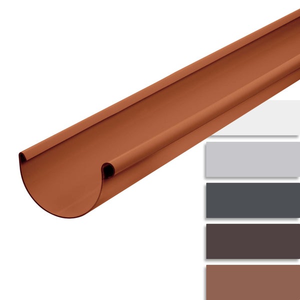 Halbrunde Dachrinne aus Kunststoff für die Dachentwässerung in verschiedenen Farben.