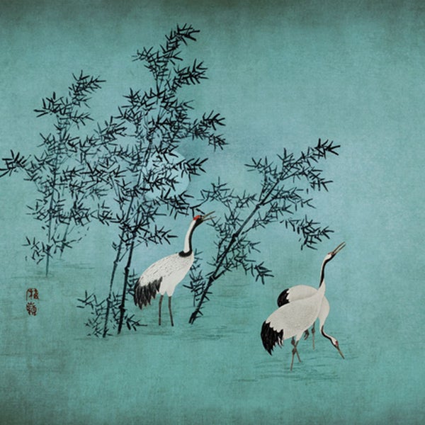 Gemälde mit Kranichen und Bambus