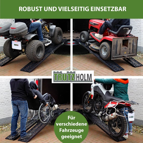 Mehrere Fahrzeuge werden mit einer Rampe verladen: Quad, Rasenmäher, Rollstuhl, Motorrad