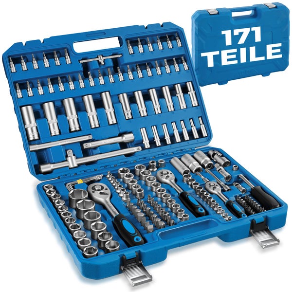 171-teiliger Steckschlüsselsatz im Koffer mit Ratschen, Steckschlüsseleinsätzen, Verlängerungen und Bits aus Metall.