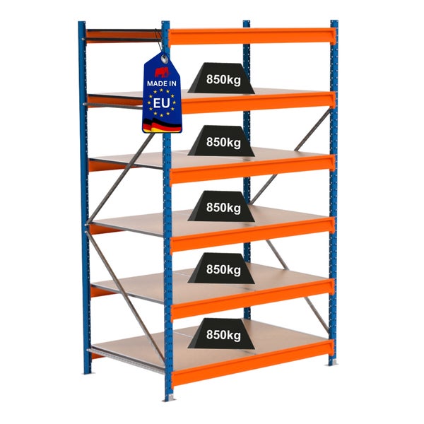Regal mit fünf Ebenen und einer Traglast von 850 Kilogramm pro Ebene sowie Made in EU Siegel