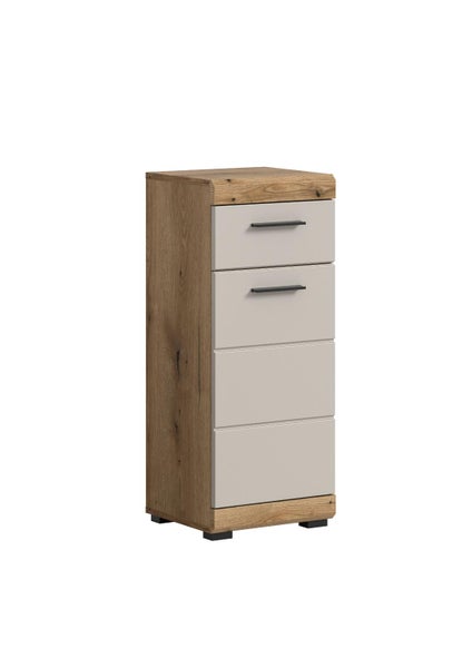 Schmaler Beistellschrank in Holzoptik mit hellgrauen Fronten und zwei schwarzen Griffen.
