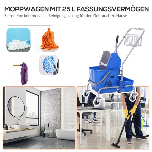 HOMCOM Putzwagen Reinigungswagen Fahreimer Putzeimer 25 Liter Wischwagen mit Wringer, Haken für Mopp Haushaltswagen mit 4 Rollen Blau