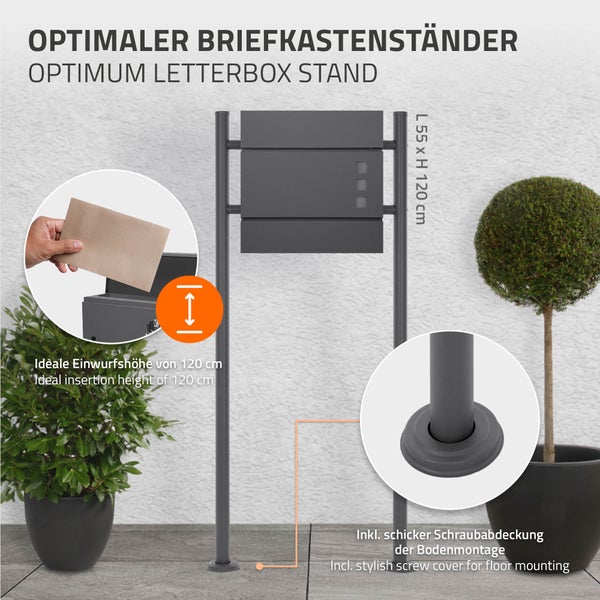 Anthrazitfarbener Briefkastenständer mit Briefkasten, Höhe 120 Zentimeter, Breite 55 Zentimeter, inklusive Schraubabdeckung für die Bodenmontage.