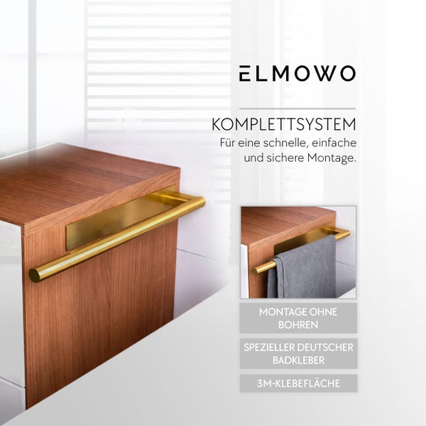 ELMOWO Handtuchhalter zur Montage ohne Bohren mit Klebesystem für Badezimmermöbel aus Holz.