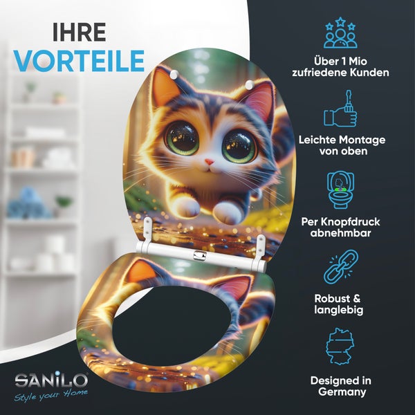 Toilettensitz mit Katzenmotiv, inklusive Montagematerial und Infografik zu Vorteilen, Sanilo Logo, für eine einfache Badgestaltung.