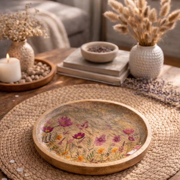 Rundes Holztablett mit Wildblumenmuster auf einem geflochtenen Tischset neben Vasen mit Trockenblumen und einer weißen Kerze auf einem Holztisch.