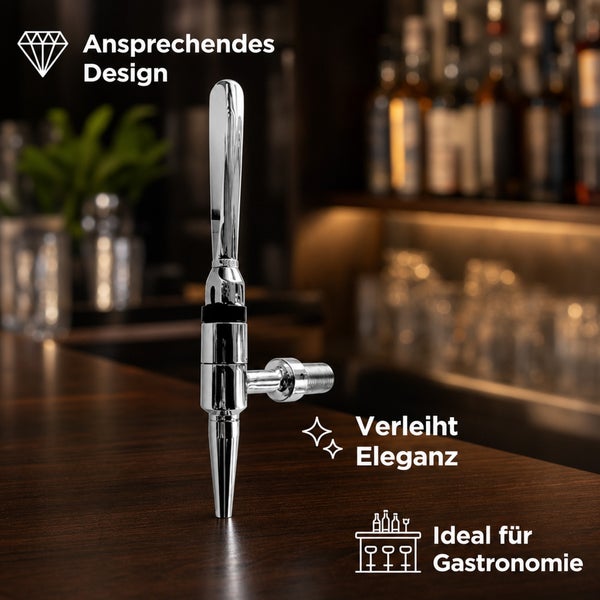 Glänzender Bierzapfhahn aus Metall für die Gastronomie mit elegantem Design und passendem Gewindeanschluss für die Thekenmontage.