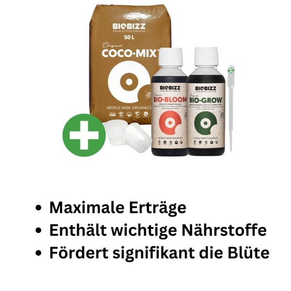 BioBizz Coco Mix Set Small – 50L Kokos-Substrat + Bio Grow & Bio Bloom (je 250 ml) – Komplettset für gesundes Wachstum & Blüte inkl. Dosierpipette