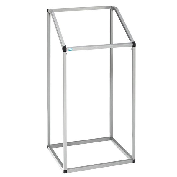 Silberner Bodenrahmen aus Metall für ein Kaminholzregal mit schwarzen Eckverbindungen.