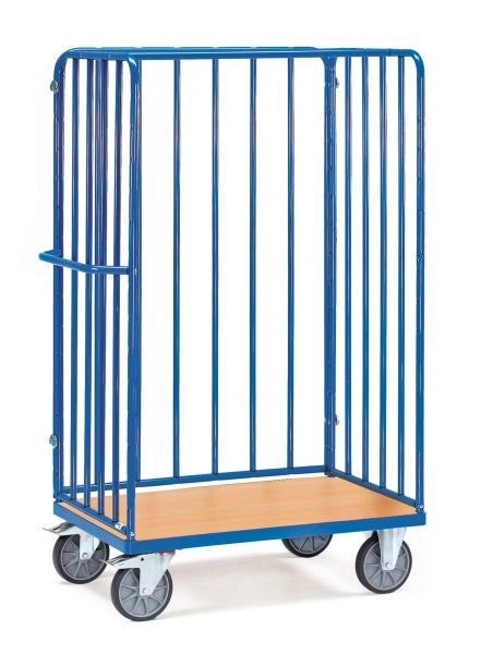 Blauer Gitterwagen mit Holzplatte und vier Rädern