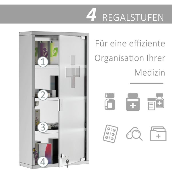 HOMCOM Medizinschrank Arzneischrank Erste Hilfe Schrank mit Schloss Edelstahl 30 x 12 x 60 cm
