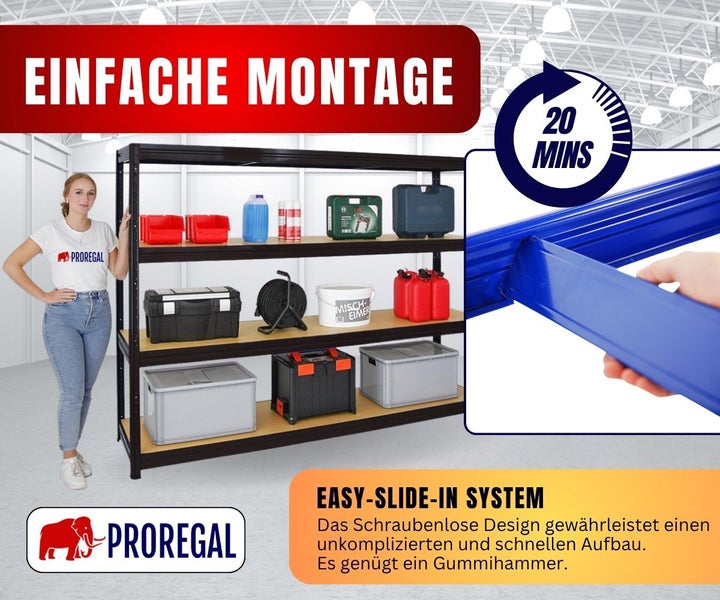 ProRegal Schwerlastregal mit schraubenlosem Stecksystem für eine einfache Montage in circa 20 Minuten.