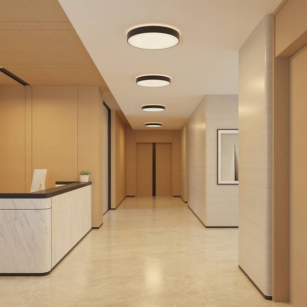 Moderner, heller Flur mit Holzpaneelen, einem Empfangstresen in Marmoroptik und vier runden, schwarzen LED-Deckenleuchten in einer Reihe.