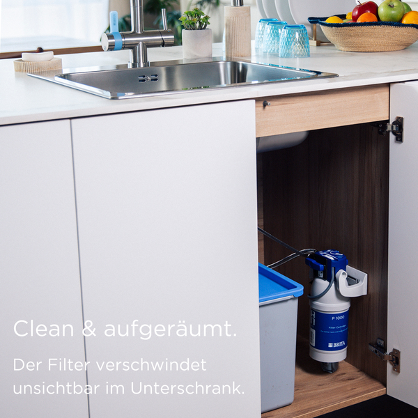 Modernes Wasserfiltersystem platzsparend im hölzernen Unterschrank unter einer Edelstahl-Küchenspüle installiert.