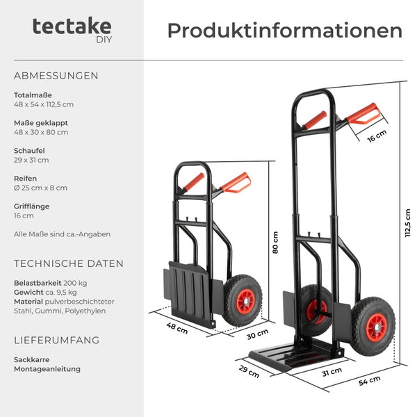 tectake DIY Logo. Sackkarre: Maße 48 mal 54 mal 112,5 Zentimeter, geklappt 48 mal 30 mal 80 Zentimeter. Belastbarkeit 200 Kilogramm.