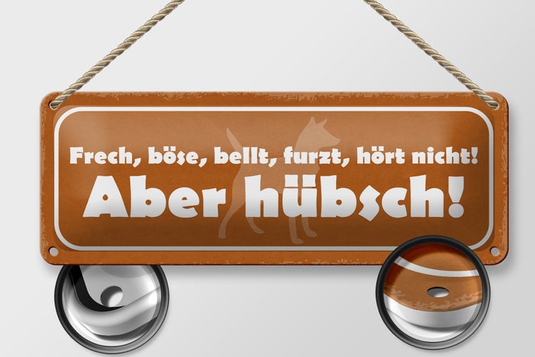 Blechschild Spruch 27x10cm Hund frech bellt aber hübsch Dekoration